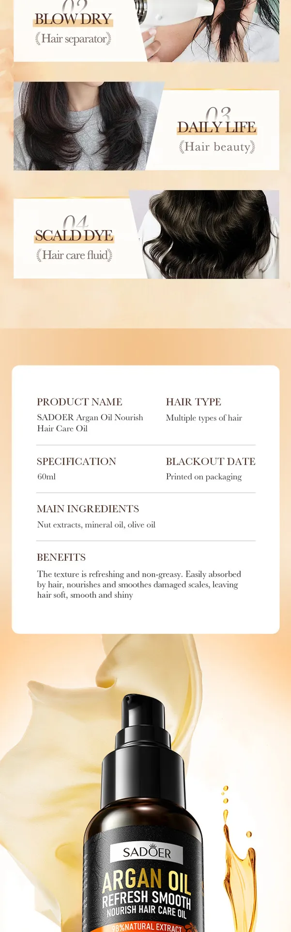 Argan Oil Hair Serum for Nourishing and Smoothing 60ml SADOER 9 argan oil hair serum SPU793058688718 9498