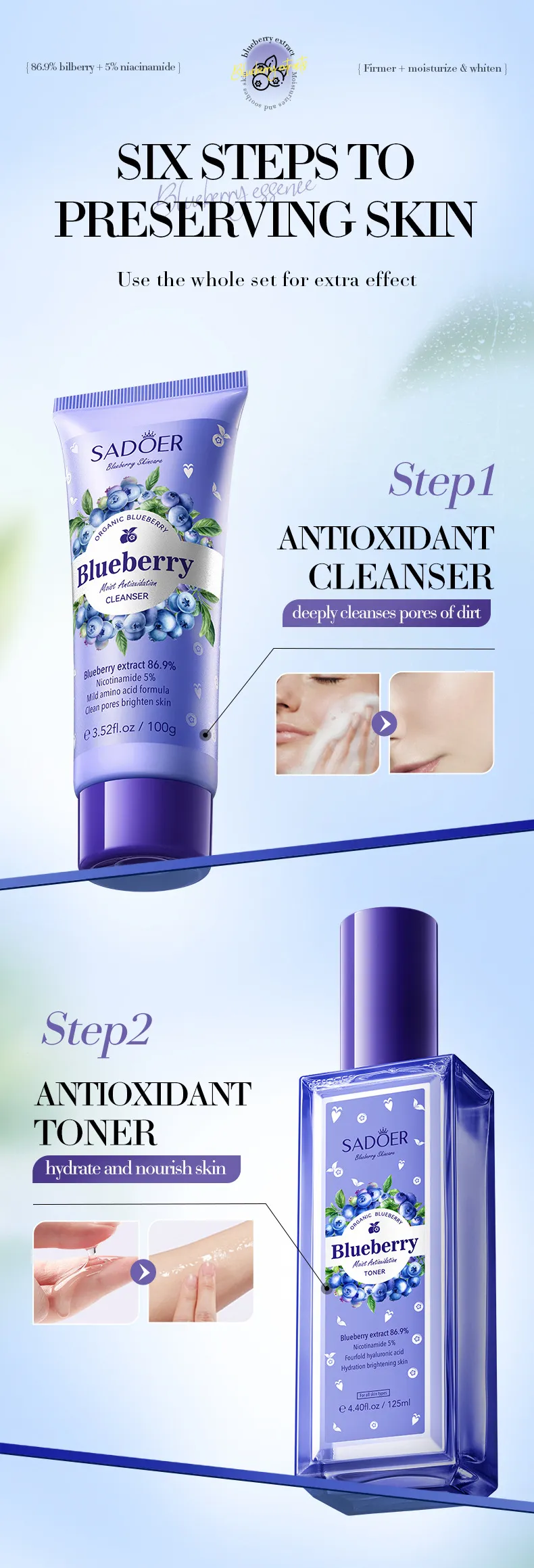 Blueberry Hyaluronic Acid 6-Piece Hydrating Skincare Set - SADOER 5 blueberry hyaluronic set SPU821372298203 12385