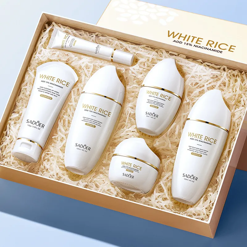 SADOER White Rice Nicotinamide Brightening 6-Piece Skincare Set - Review 1 SADOER White Rice and Nicotinamide skincare set on a white surface